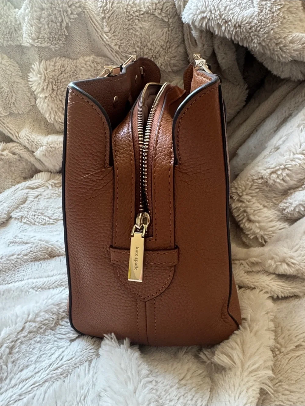 Kate Spade Leila Medium Triple Compartment Pebbled Leather Satchel Warm Ginger